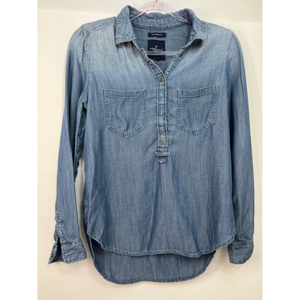 American Eagle Outfitters Blue Denim 1/2 Snap Up Pullover Lg Sleeve Womens Sz S